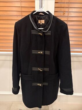 Collections by Tall Girl Black Wool Blend Toggle Pea Coat with Leather Trim